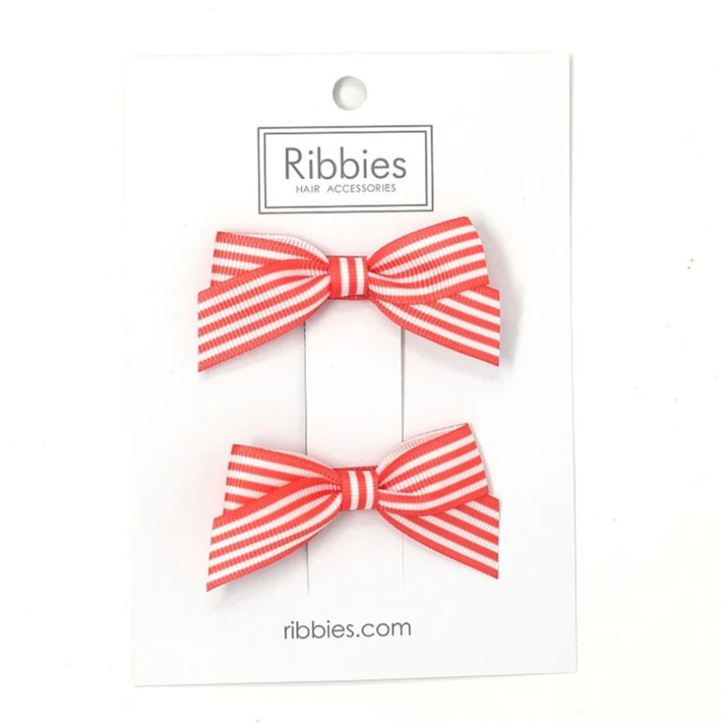 英国Ribbies 条纹蝴蝶结2入组-珊瑚红 - 发饰 - 聚酯纤维 