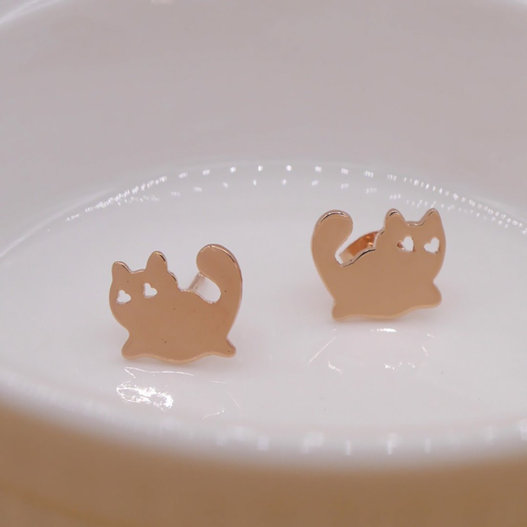 Handmade Little Cat Earring - Pink gold plated on brass - 耳环/耳夹 - 其他金属 粉红色