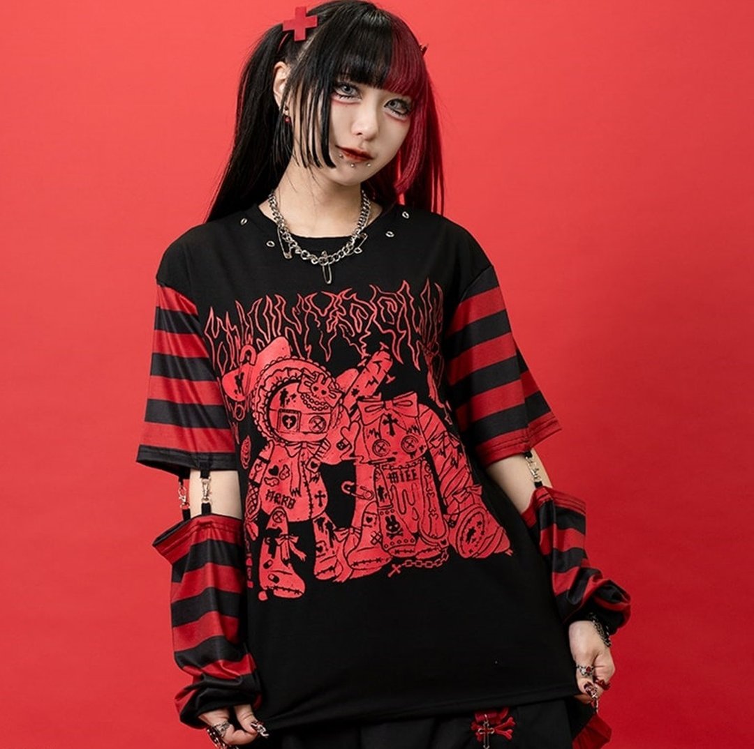 海盗兔娃娃仿旧印花中性条纹接袖T恤品牌ACDC RAG台湾代理JA0686 - 女装 T 恤 - 聚酯纤维 