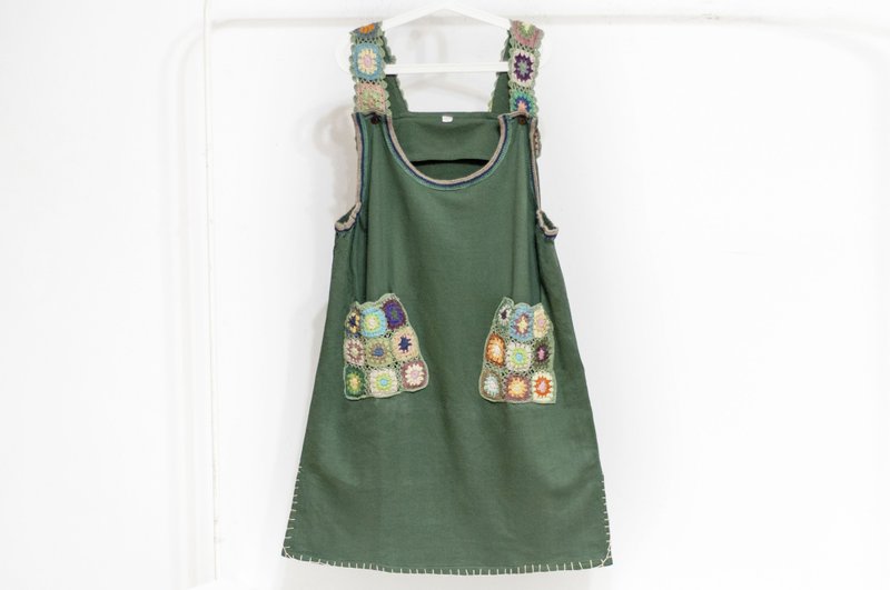 夏装 手工编织口袋厚棉洋装/花朵连身裙/波希米亚风伞状吊带裙-绿 - 洋装/连衣裙 - 棉．麻 绿色