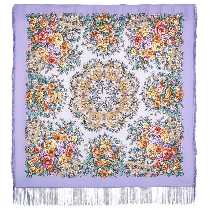 Pavlovo Posad 俄罗斯披肩 100% 羊毛围巾 125x125 厘米包裹式丝绸流苏 1818-15 - 丝巾 - 羊毛 多色