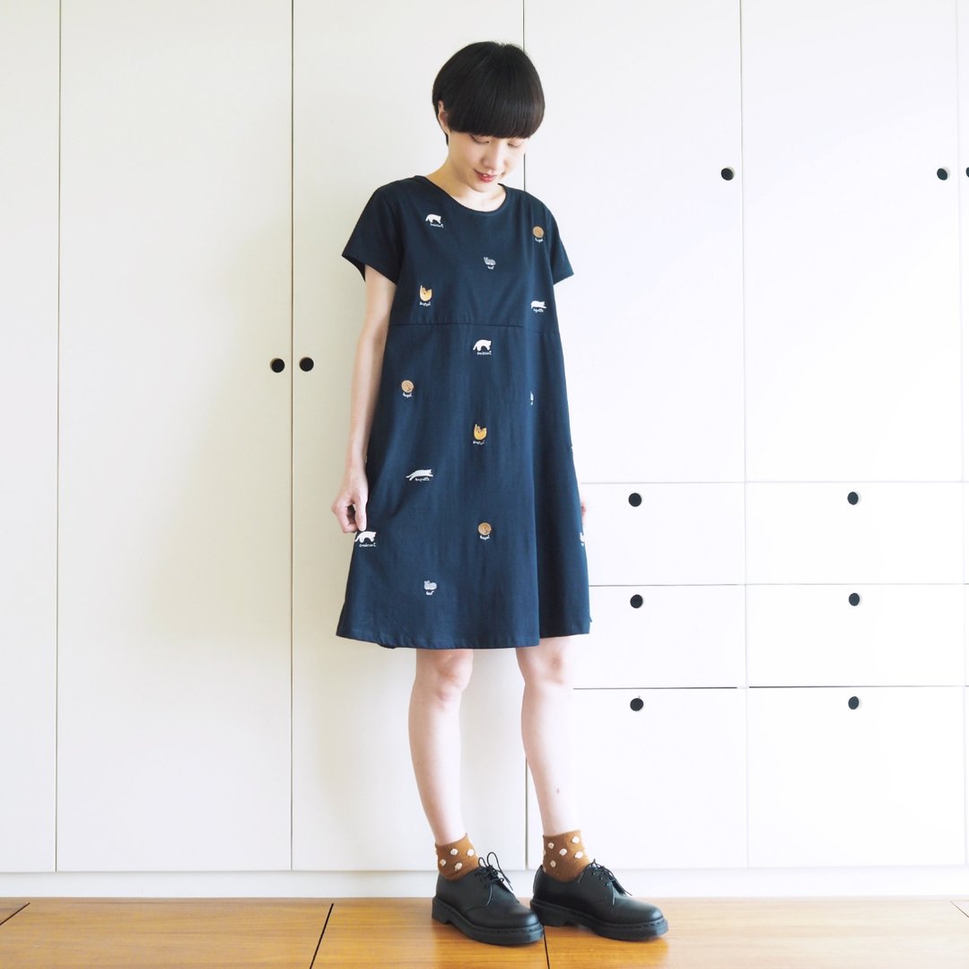 cat bread dress : navy - 洋装/连衣裙 - 棉 蓝色