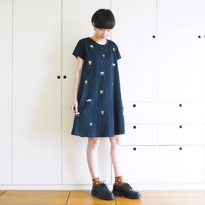cat bread dress : navy - 洋装/连衣裙 - 棉 蓝色