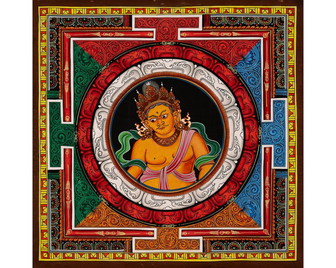 这幅正宗喜马拉雅唐卡描绘财宝天王与Shree Yantra曼陀罗的神圣融 - 墙贴/壁贴 - 其他材质 多色