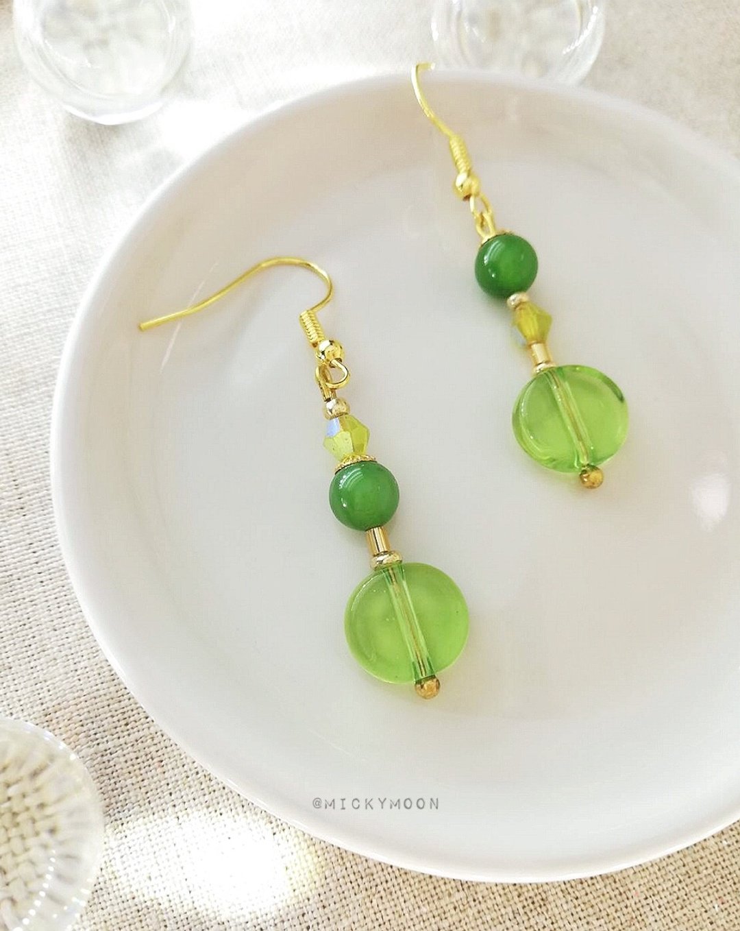 Handmade bead earring - 耳环/耳夹 - 贵金属 绿色