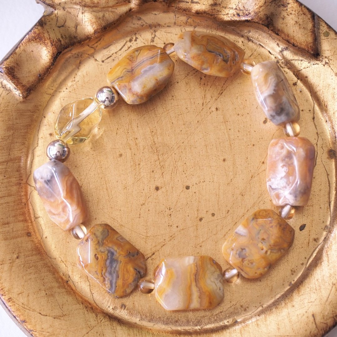 天然蕾丝玛瑙 黄水晶 纯银手环 Crazy Lace Agate Bracelet - 手链/手环 - 半宝石 黄色