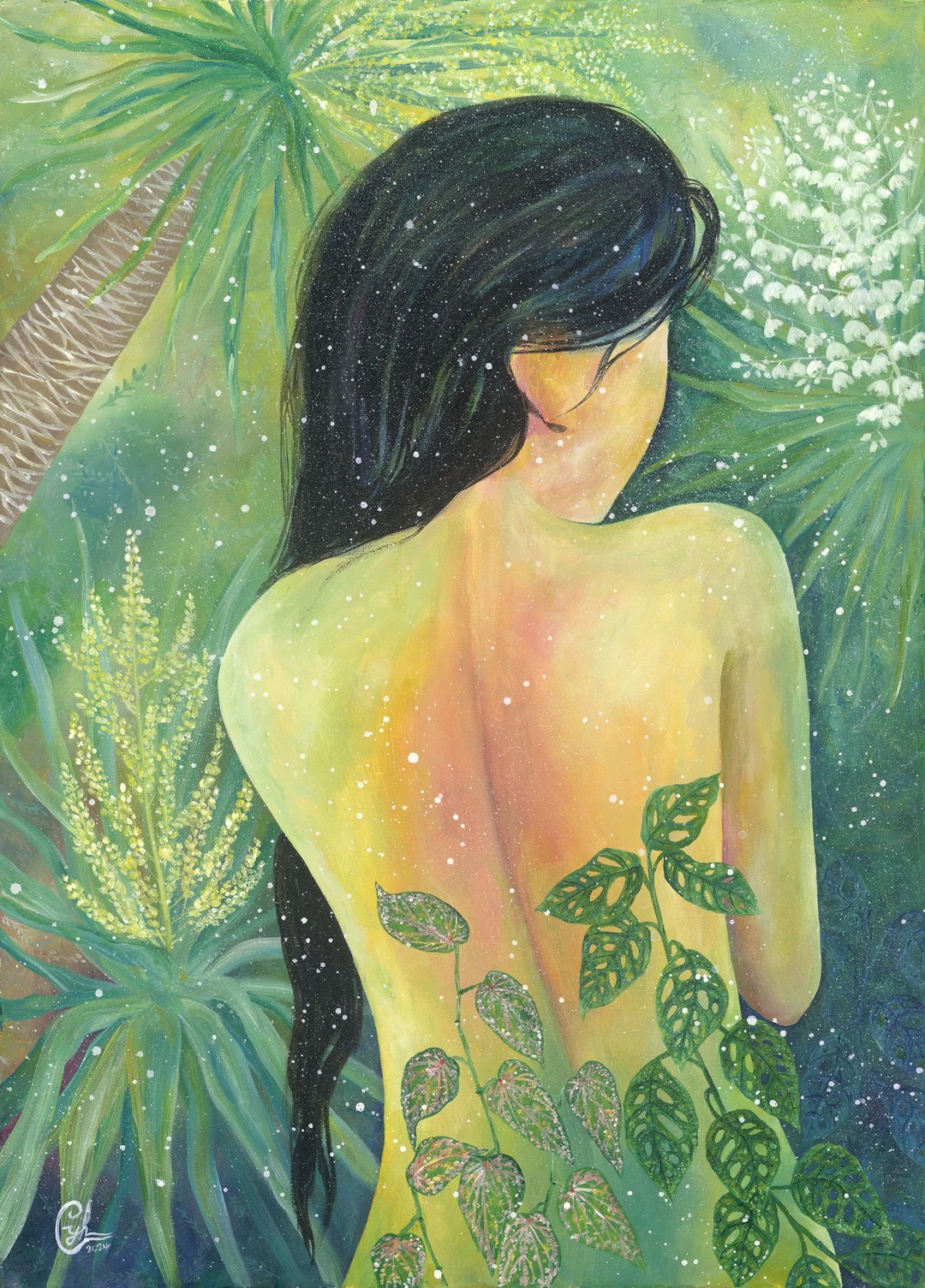 女性植物绘画 沁心引光3  Woman Painting - Light Into me 3 - 订制画像 - 棉．麻 