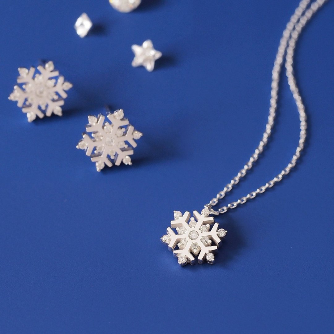 2-piece set) Snowflake necklace earrings limited set - 项链 - 其他金属 银色