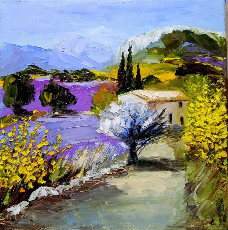 山 屋 花 油画 画布 拉伸原画 - 海报/装饰画/版画 - 棉．麻 紫色