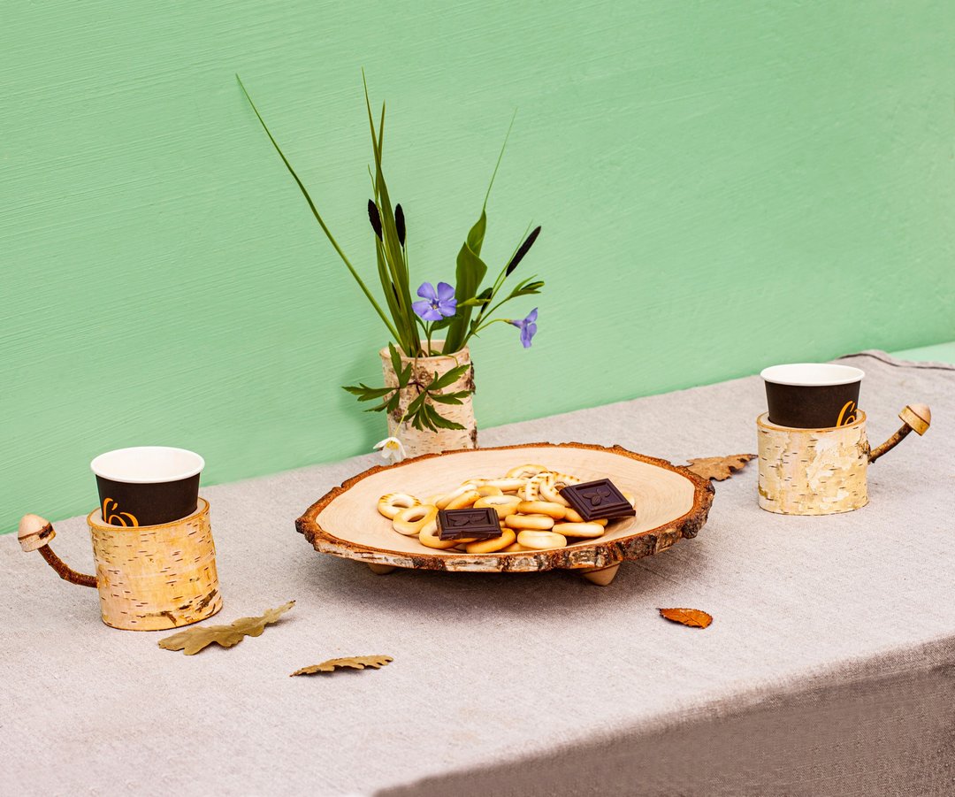 Set - one wooden bowl and two paper cup holders cut wood, (made of natural birch - 酒杯/酒器 - 木头 