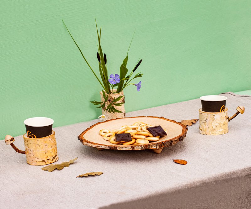 Set - one wooden bowl and two paper cup holders cut wood, (made of natural birch - 酒杯/酒器 - 木头 