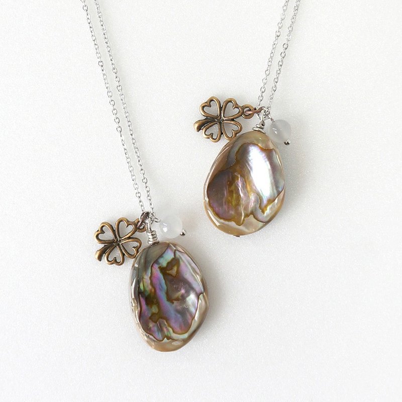 幸运四叶草+鲍鱼壳坠子项链 - 项链 - 贝壳 灰色