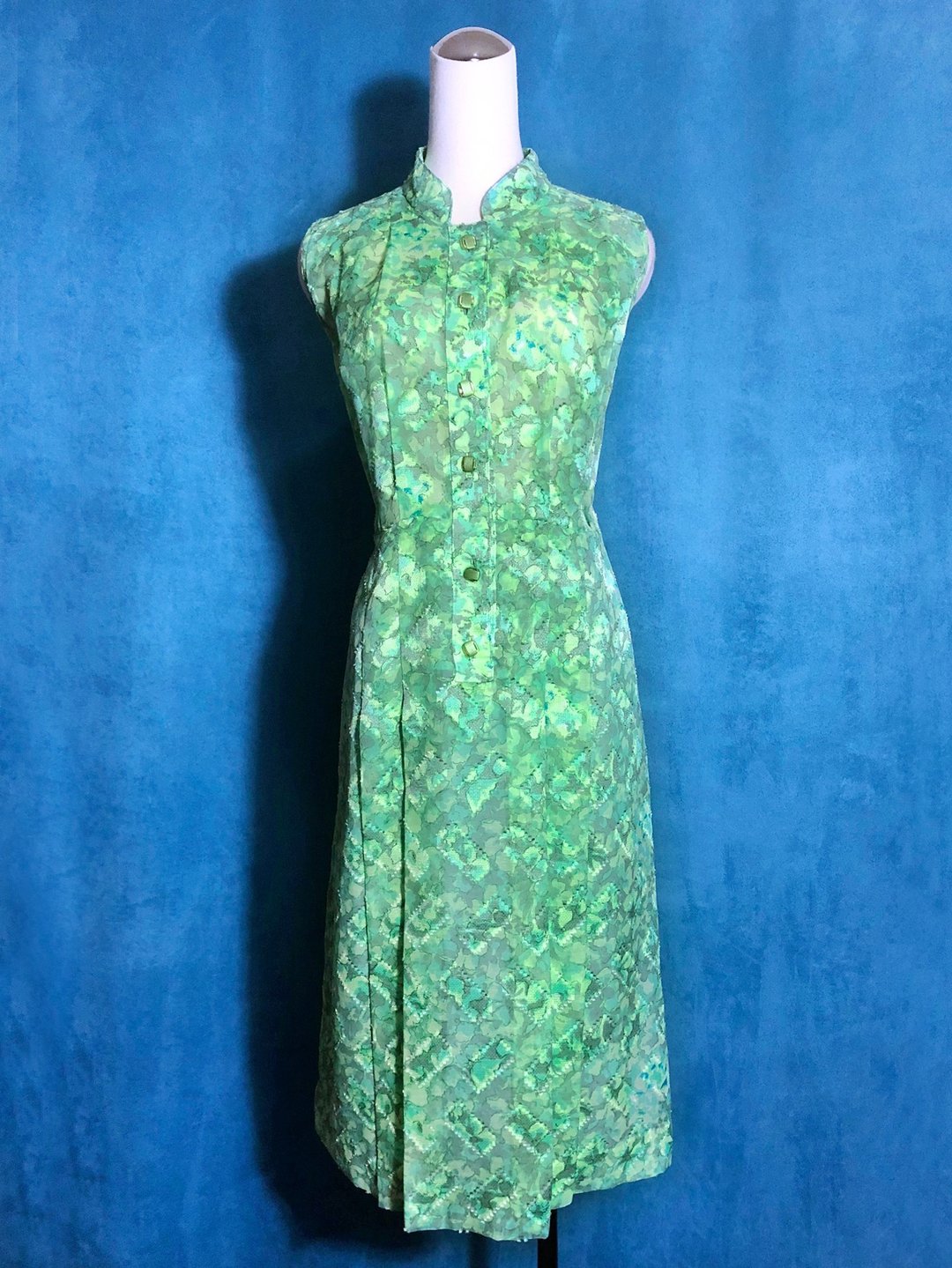 特殊领花朵织纹无袖轻古董洋装/ 国外带回 VINTAGE - 洋装/连衣裙 - 聚酯纤维 绿色