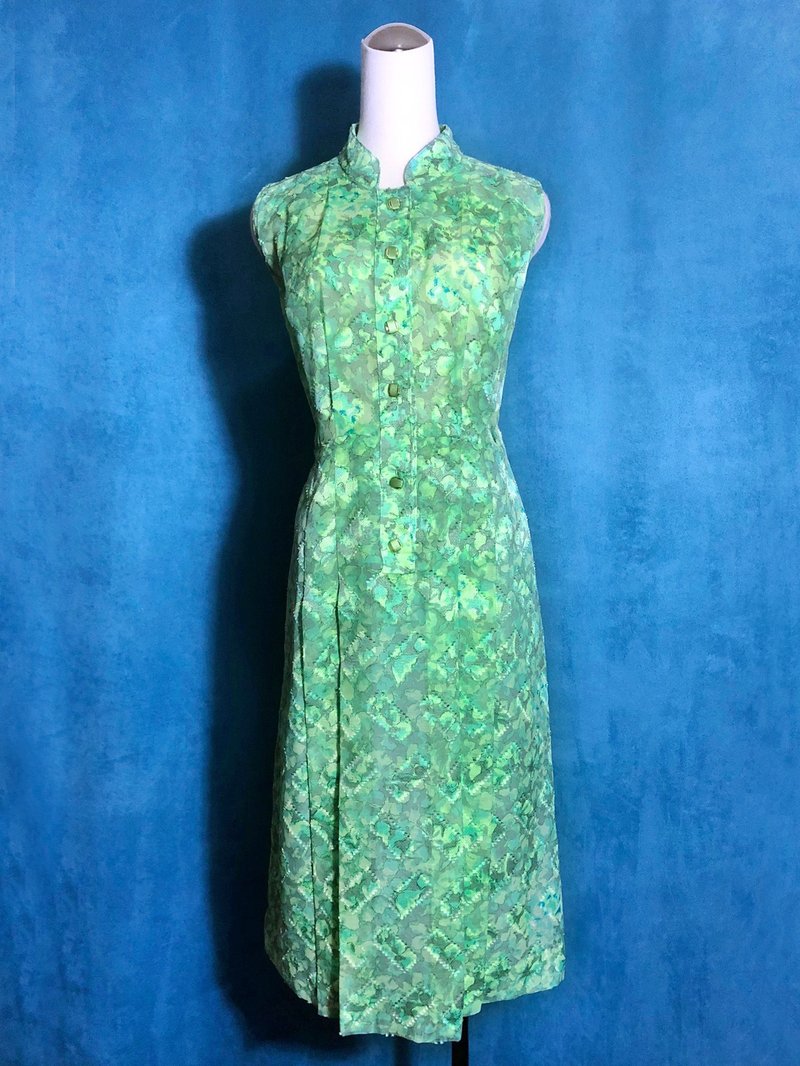 特殊领花朵织纹无袖轻古董洋装/ 国外带回 VINTAGE - 洋装/连衣裙 - 聚酯纤维 绿色