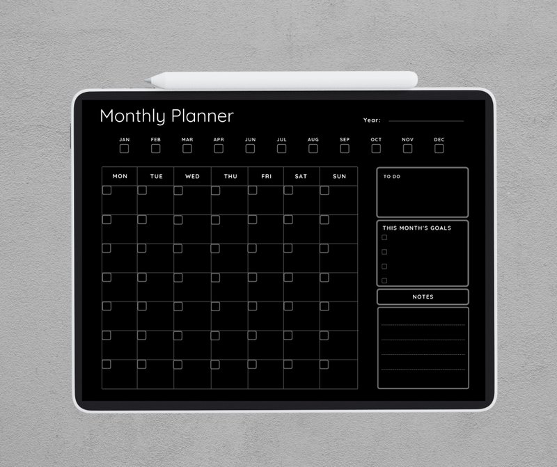 每月计划 Goodnotes 模板，每月计划者的黑色背景模式 - 其他数码商品 - 其他材质 