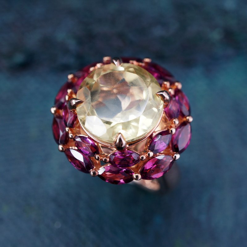 花园 - 柠檬晶 配 紫红石榴石 纯银 电18K 玫瑰金 戒指 - 戒指 - 宝石 黄色