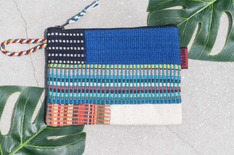 手工编织收纳包 民族风包 化妆包 手机包 手拿包 耳机袋-蓝色方格 - 手拿包 - 棉．麻 多色