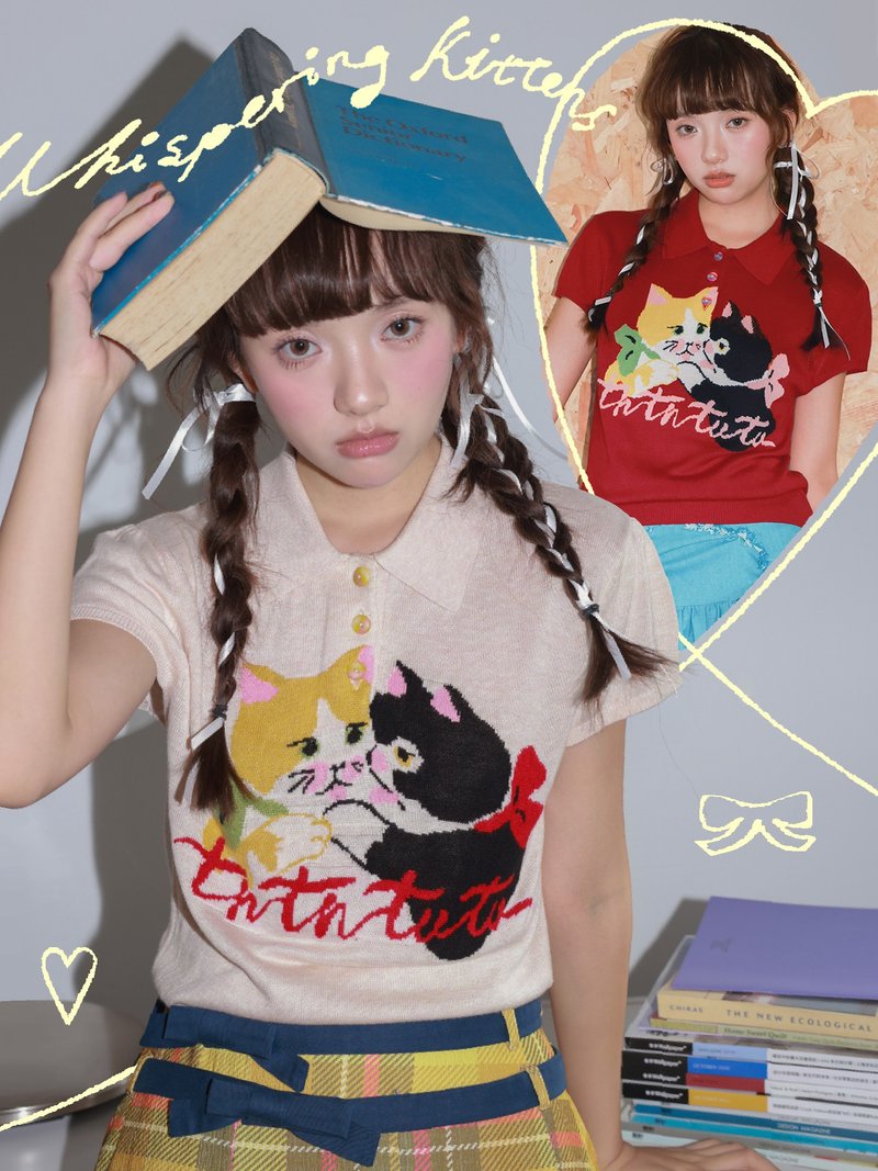 红白双色小猫毛线针织短袖Polo衫可爱复古气质 - 女装上衣 - 其他材质 多色