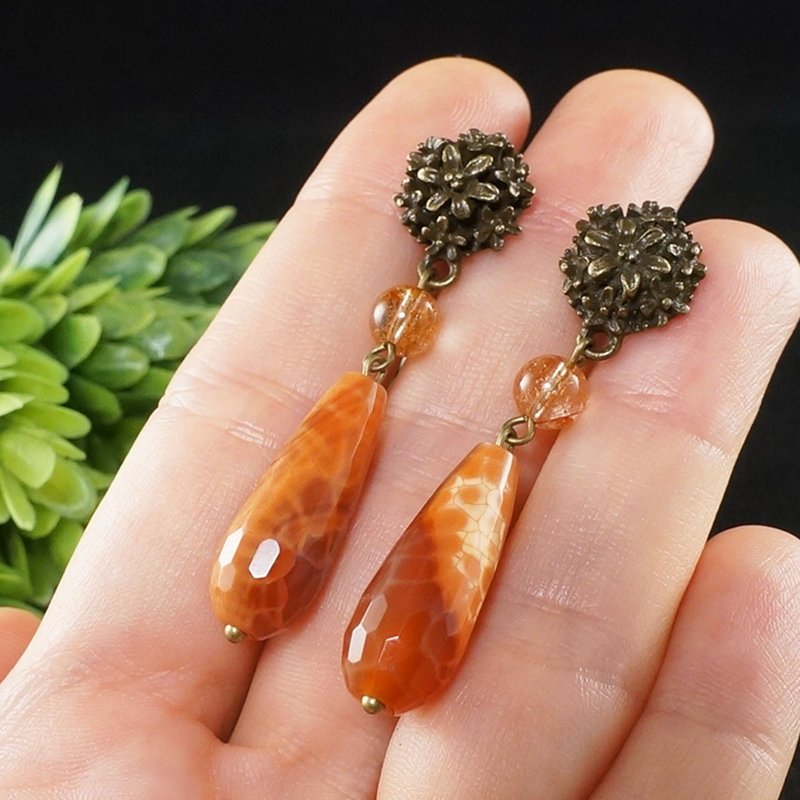橘色火红色玛瑙 金红石水晶 古铜花朵 大型长款耳环 饰品 - 耳环/耳夹 - 半宝石 橘色