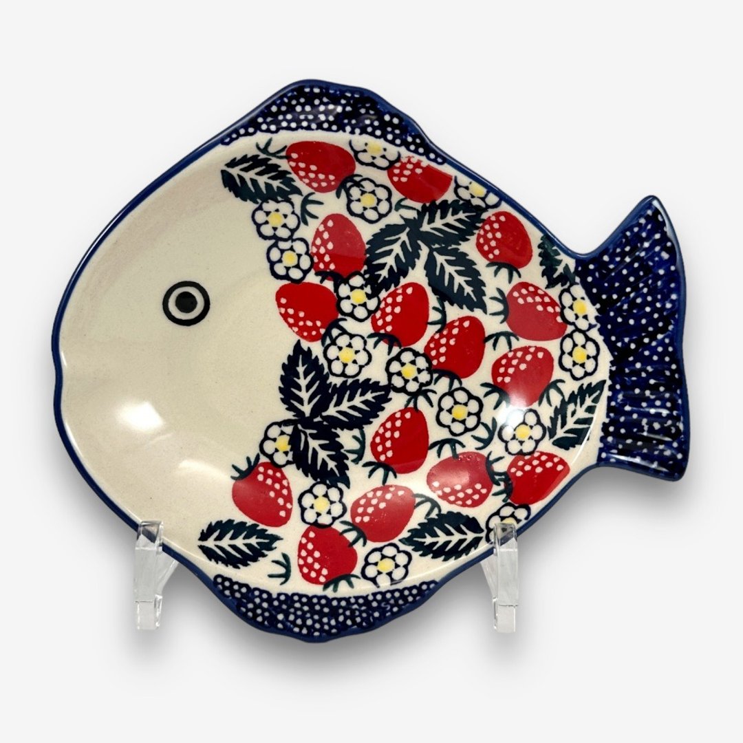波兰手绘手工陶-鱼型盘 19cm 野草莓系列 设计师款 - 盘子/餐盘/盘架 - 陶 红色