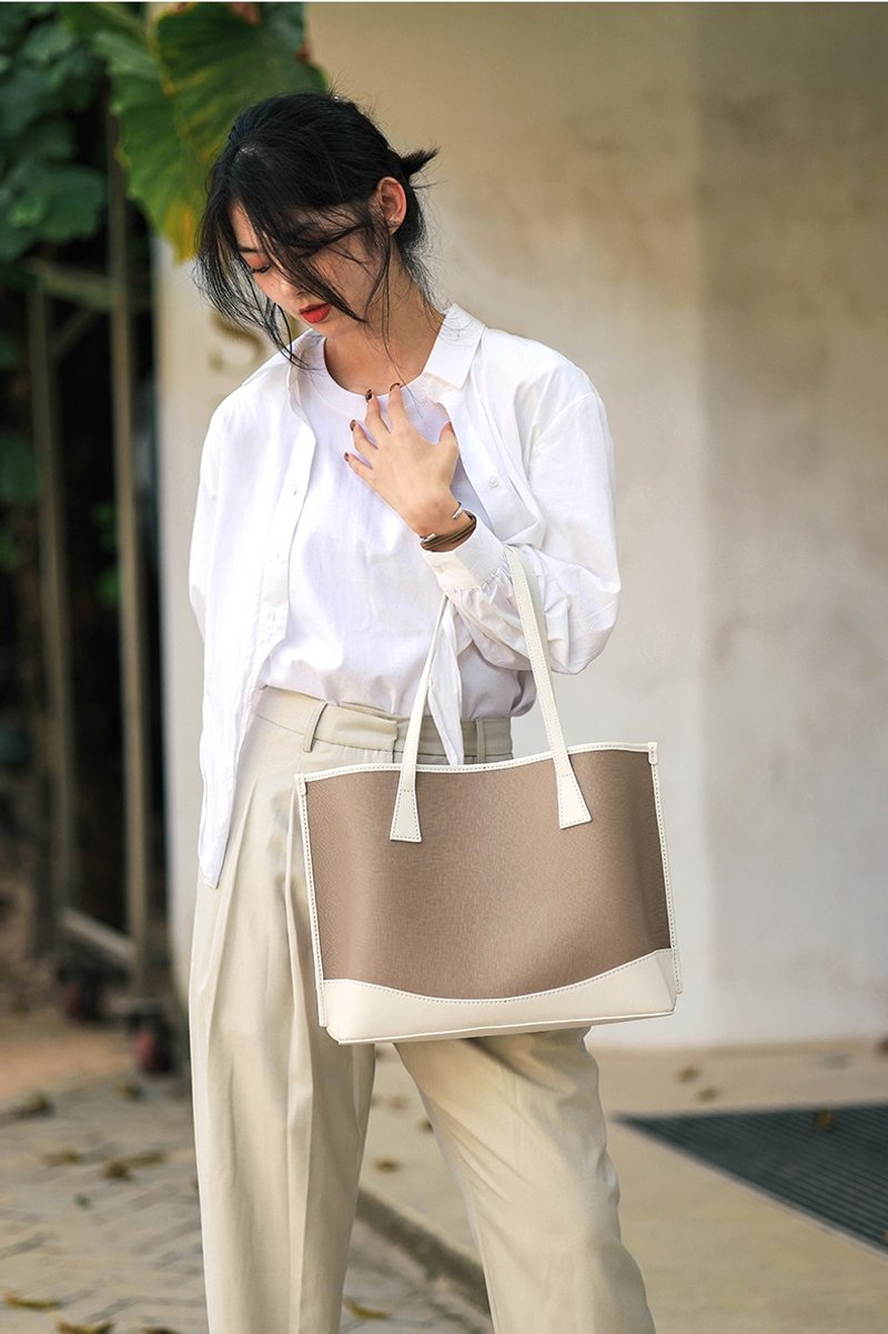 【生日礼物】蠢小鱼diy材料包托特包大容量单肩包真皮包手提包 - 手提包/手提袋 - 真皮 卡其色