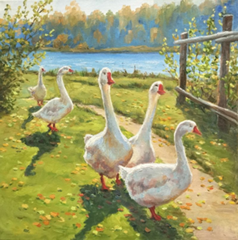 Geese Rural Landscape Oil Painting Original Summer Painting Handmade - 海报/装饰画/版画 - 其他材质 绿色