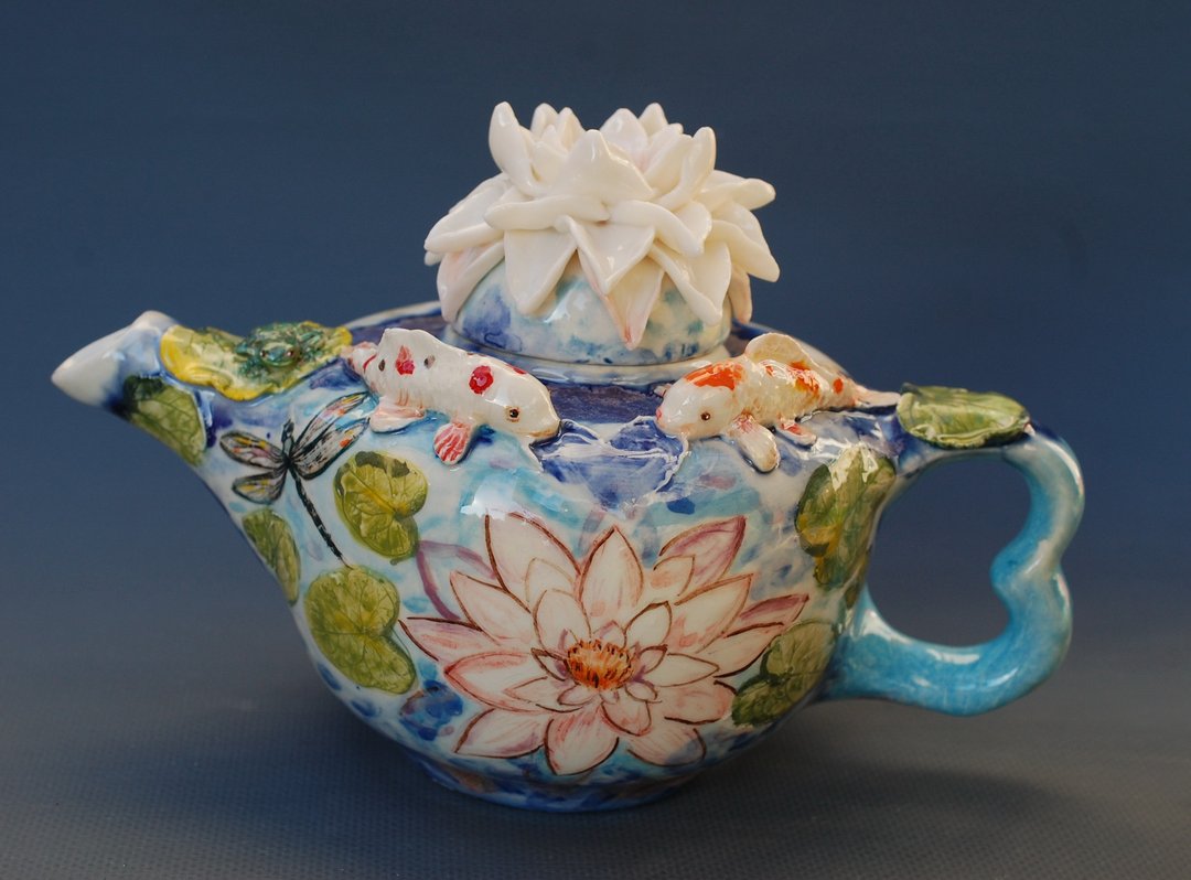 Blue art teapot Koi Fish decor Beautiful handmade porcelain teapot - 茶具/茶杯 - 瓷 