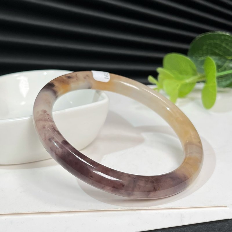 金丝玉手镯55MM 水墨画风石英岩玉手环 浅紫黄渐变圆条附证书华美 - 手链/手环 - 玉石 