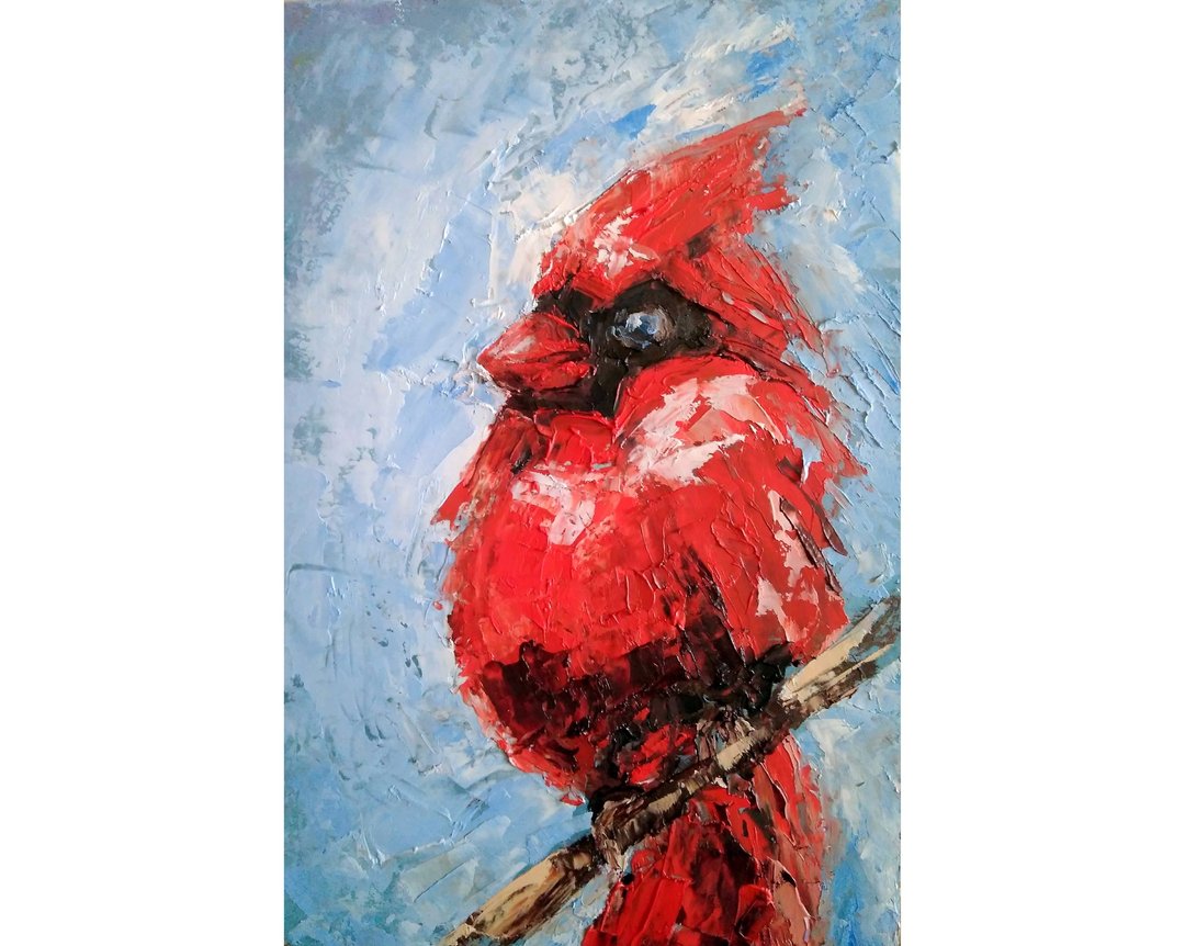Cardinal Original Painting, Bird Wall Art, Animal Artwork, Mini Picture, 手工油畫 - 海报/装饰画/版画 - 其他材质 多色