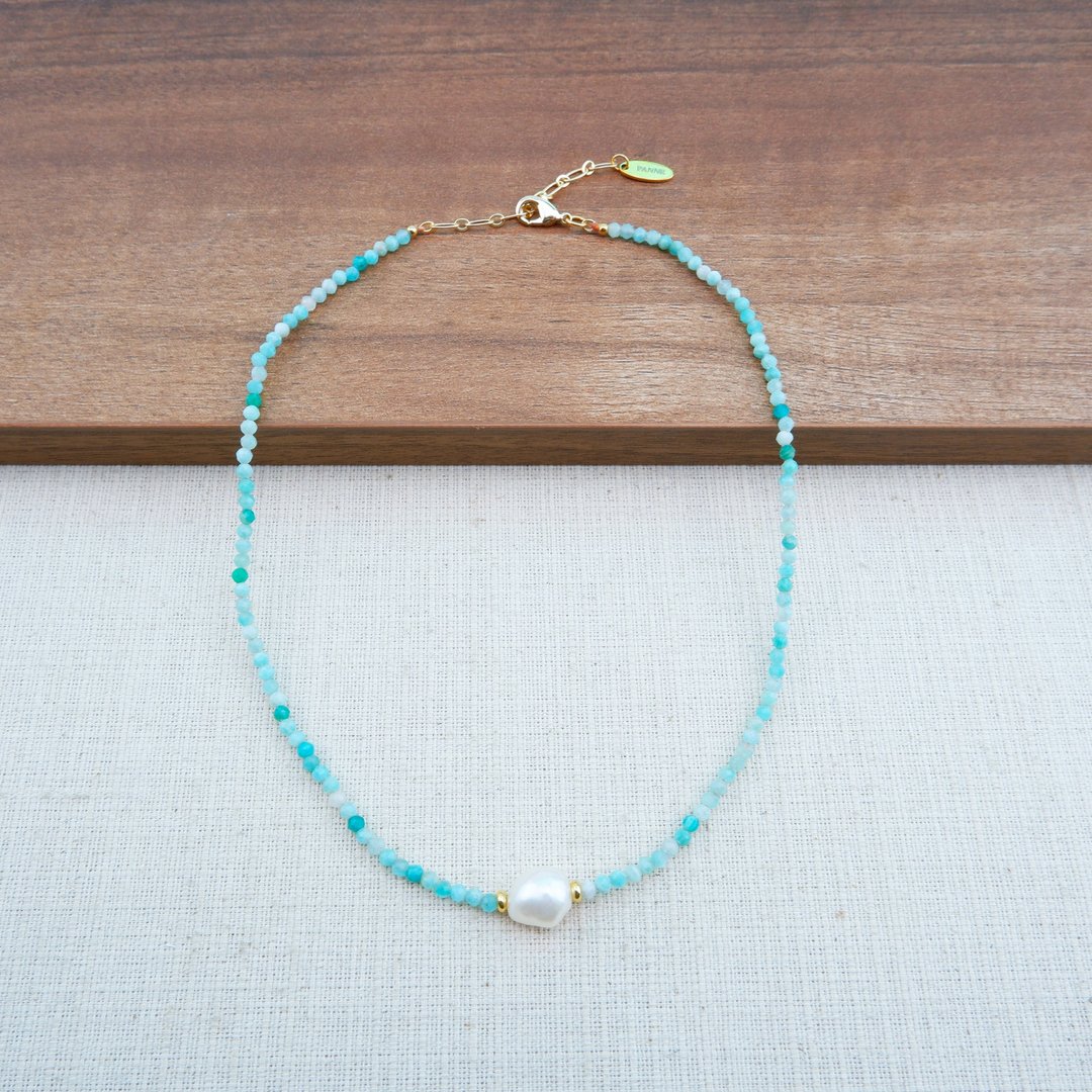 Freshwater Pearl and Amazonite stone short necklace - 项链 - 石头 蓝色