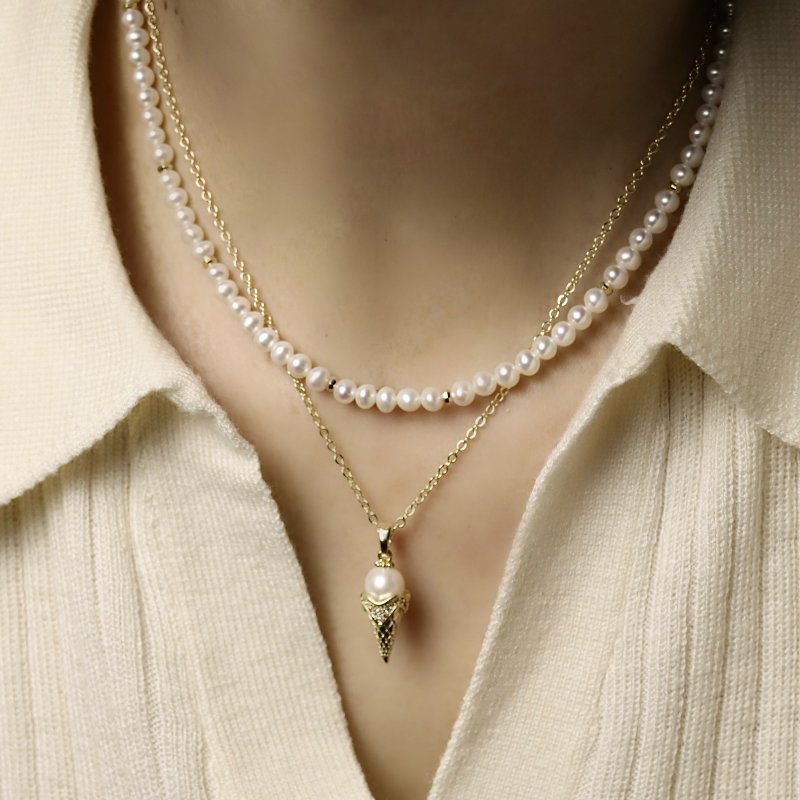 静谧复线 双层叠戴珍珠项链 天然淡水珍珠 颈链 - 项链 - 珍珠 白色