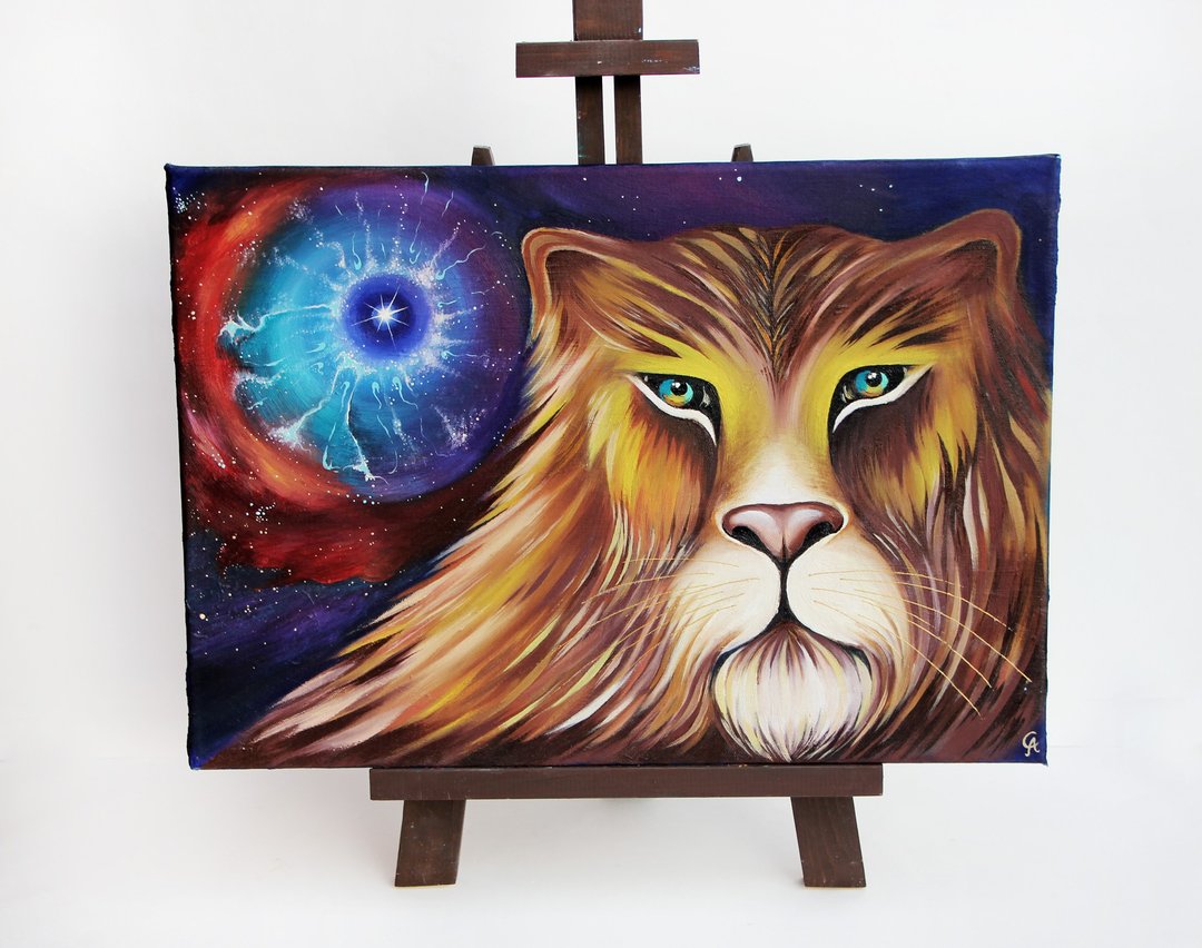 Lion Painting Space Original Art Universe Artwork Horoscope Wall Art Oil - 海报/装饰画/版画 - 其他材质 蓝色