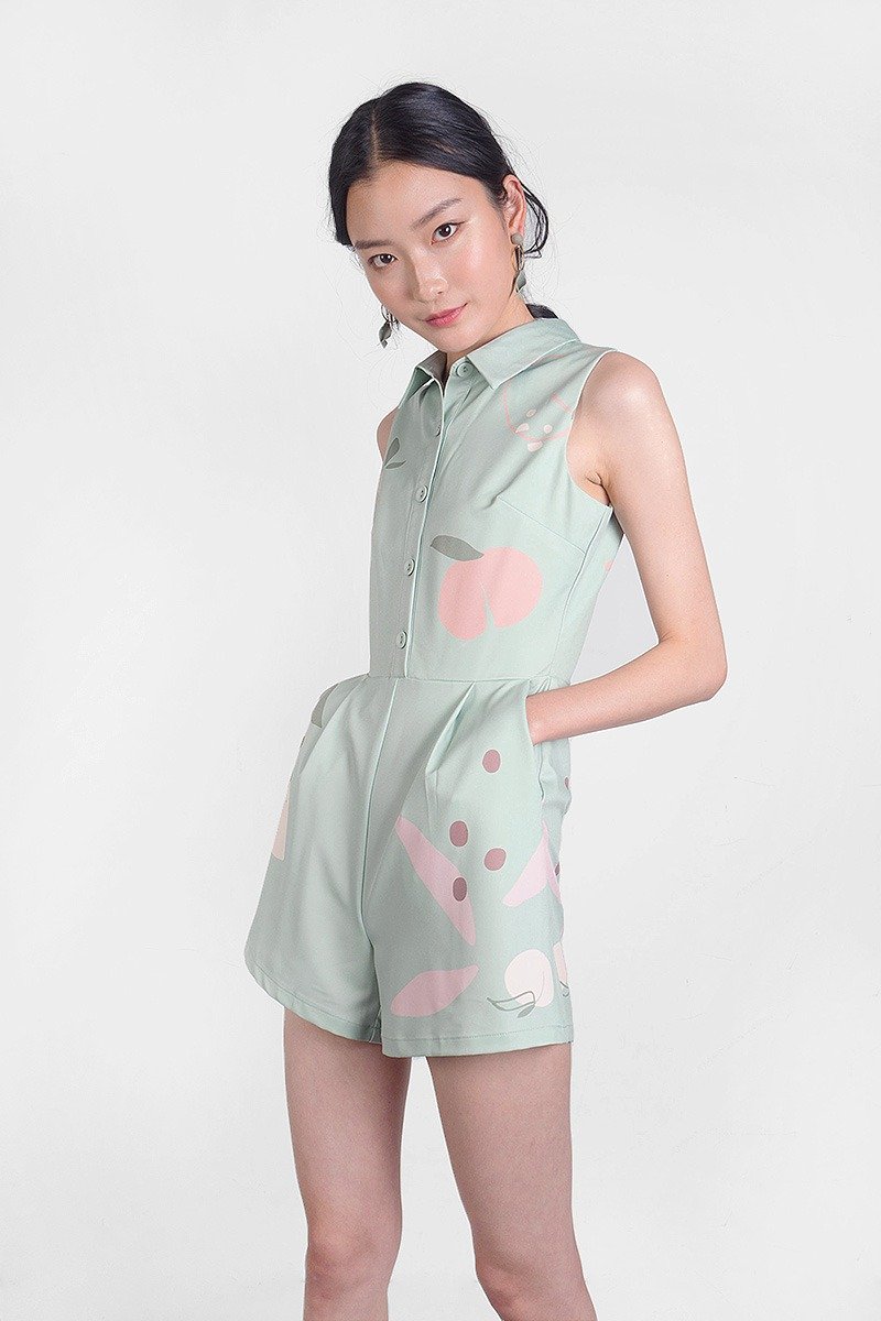 afterjuly peach系列 原創設計修身夏天無袖連衣短褲- 绿 - 背带裤/连体裤 - 聚酯纤维 绿色