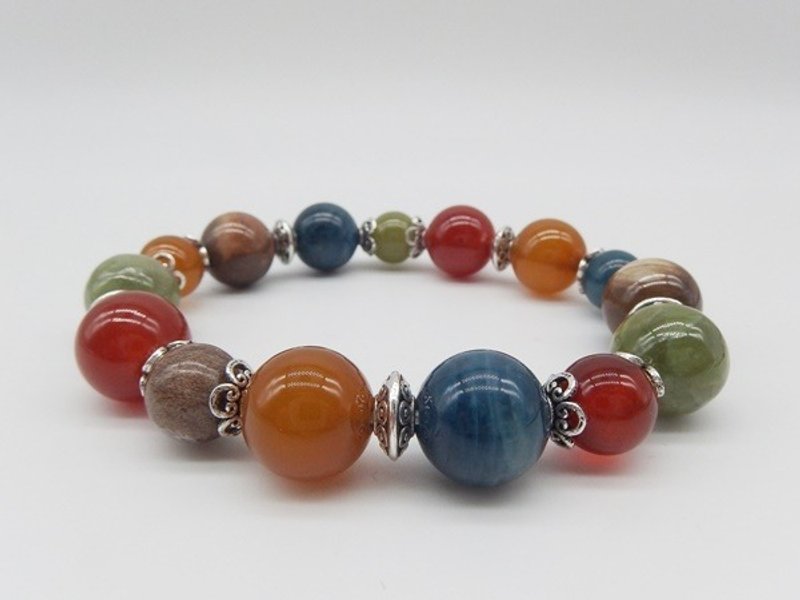 万花筒 - 红玛瑙+黄玉髓+木化石+亚柏堤+橄榄石纯银手链 - 手链/手环 - 宝石 多色