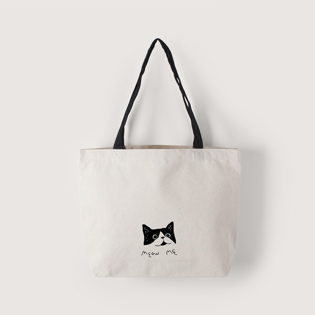【插画款】meow me-网版印刷 | 黑色提把横式帆布袋_猫咪插图礼物 - 手提包/手提袋 - 棉 白色