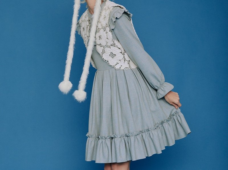 歐式復古 雪熊收腰洋裝 - 洋装/连衣裙 - 其他材质 蓝色