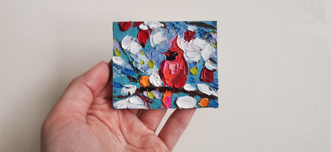 Cardinal Painting Original Art Bird Painting Small Oil Painting Verafe - 海报/装饰画/版画 - 其他材质 红色