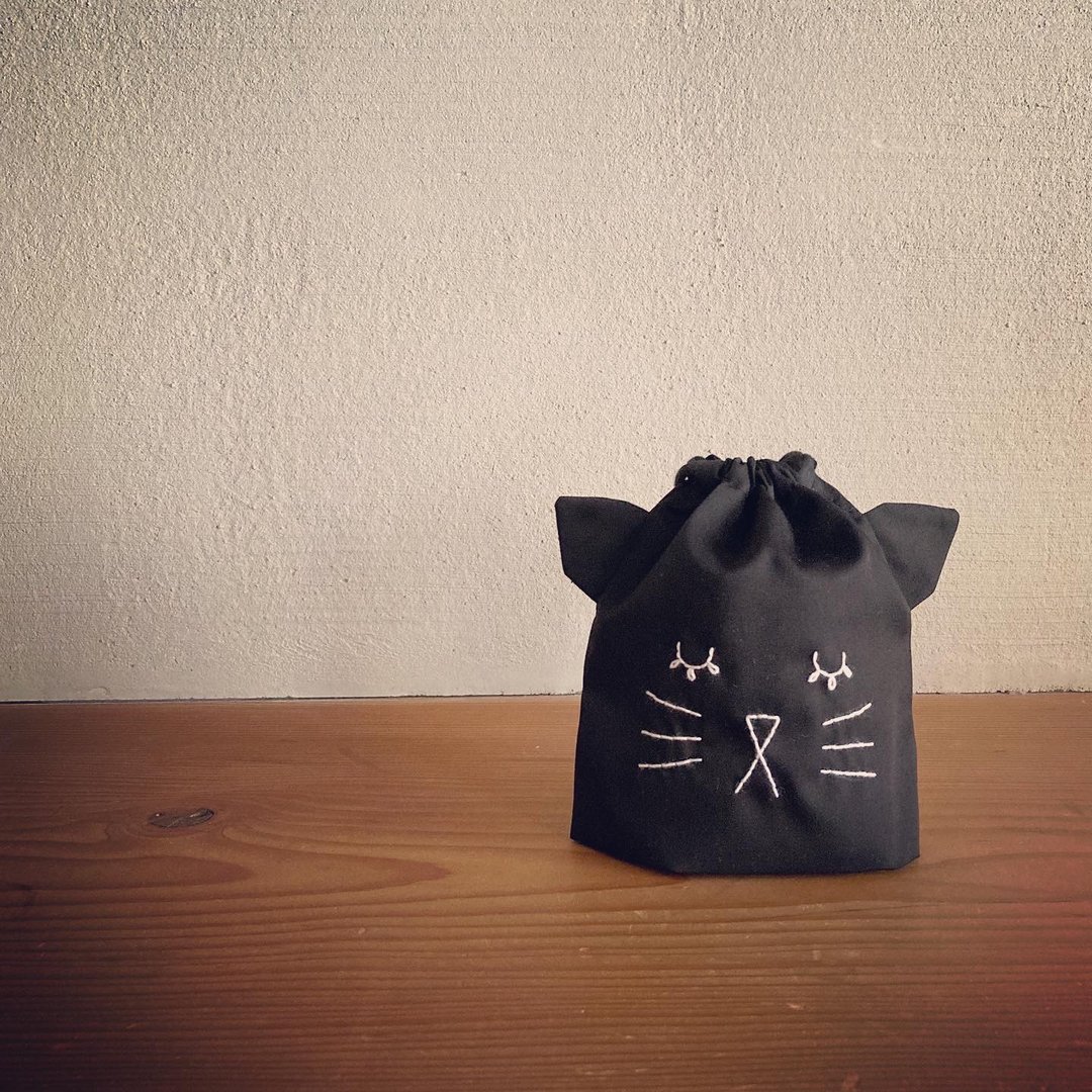 杯袋 黑猫束口袋 - 化妆包/杂物包 - 棉 黑色