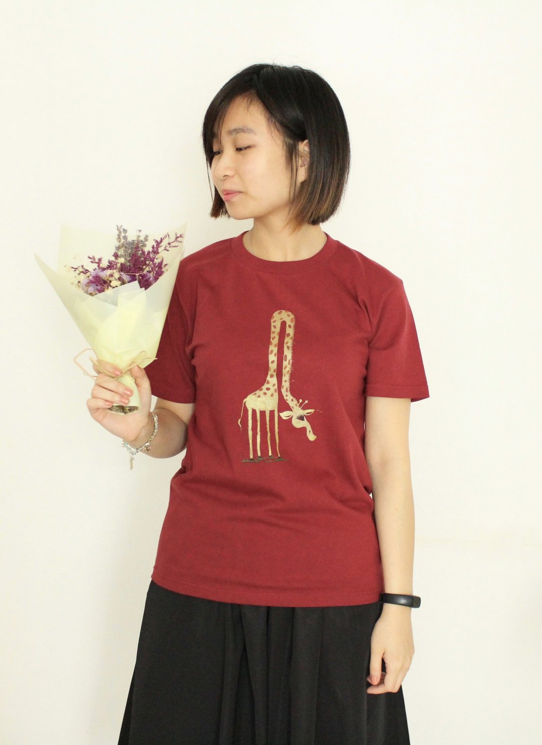 抬不起头来的长颈鹿 - 手作丝印 + PrintStar日本厚磅Tee - 女装 T 恤 - 棉 红色