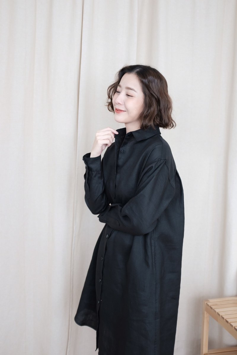 WHITEOAKFACTORY Mia long sleeve linen shirt dress / Coat dress - Black - 女装衬衫 - 棉．麻 黑色