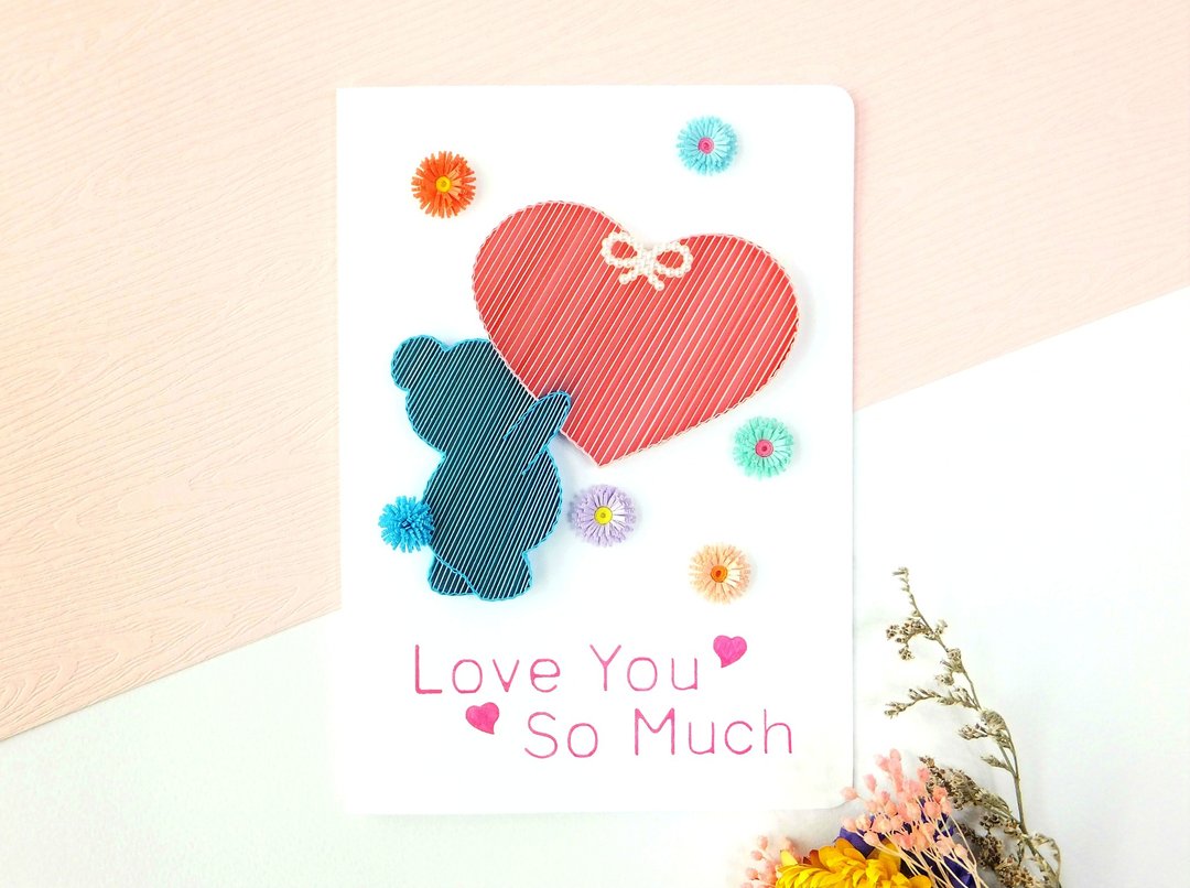手作卷纸卡片-  love you so much 熊爱你 万用卡 蓝色熊粉色心 - 卡片/明信片 - 纸 蓝色