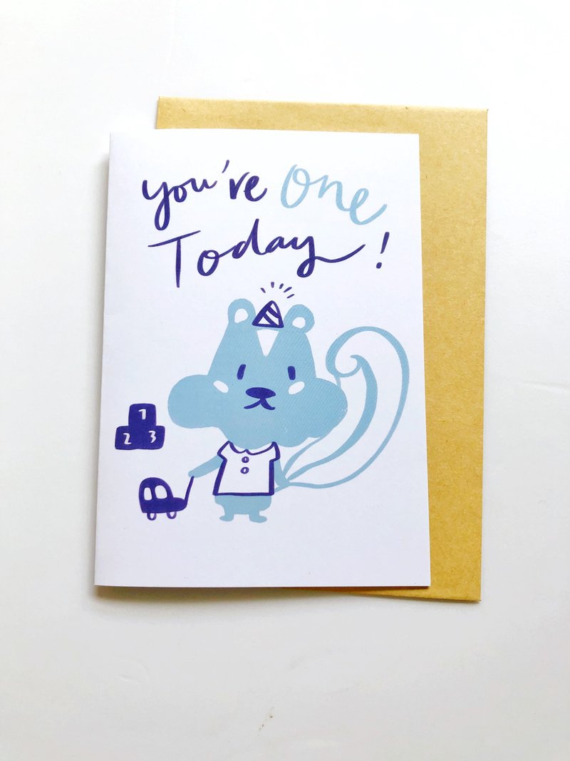 周岁生日卡片 宝宝生日卡片 你一岁了 戴生日帽的小松鼠 - 卡片/明信片 - 纸 蓝色