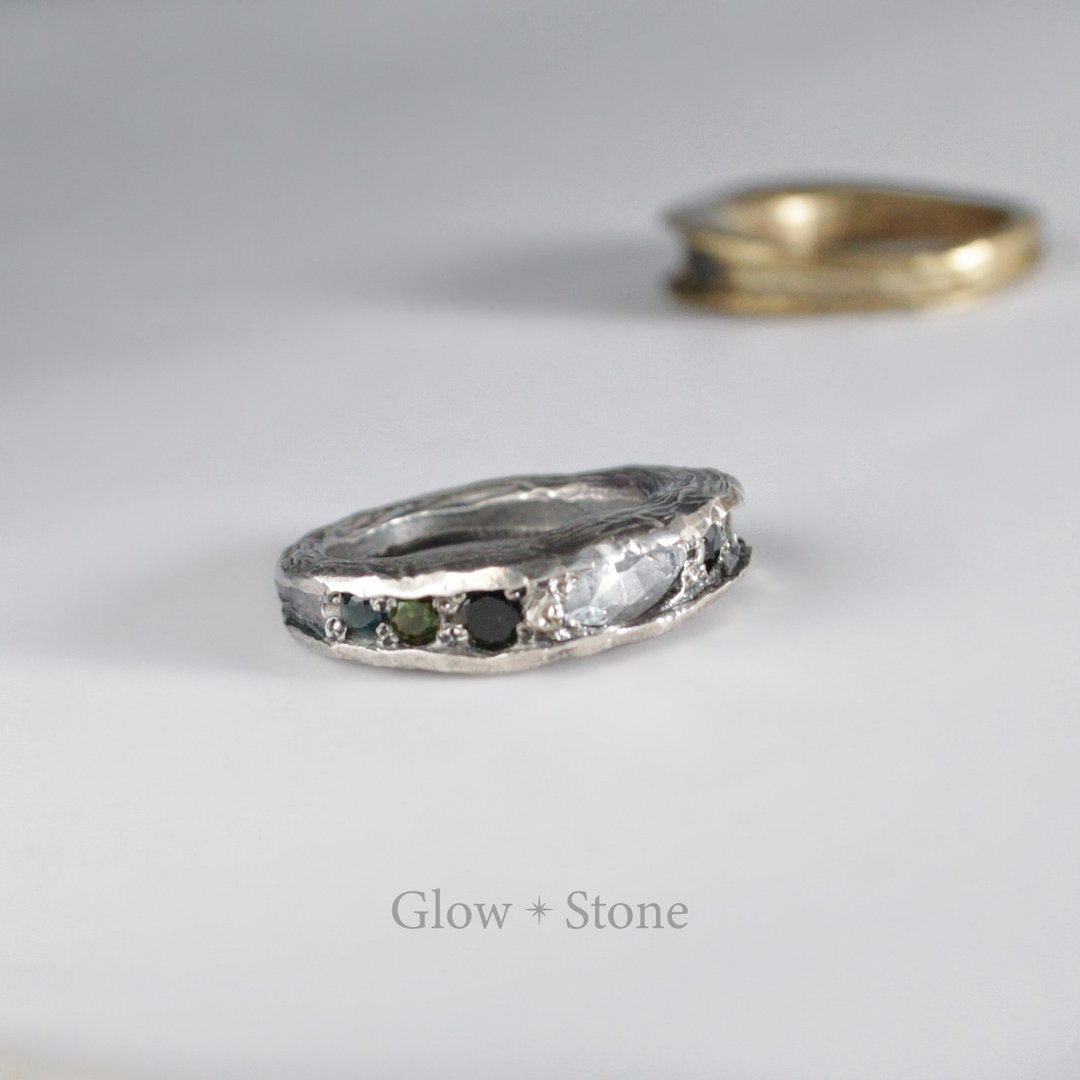 彩宝Gemstones宝石    白蓝宝与蓝绿碧玺手工戒指 - 戒指 - 纯银 透明