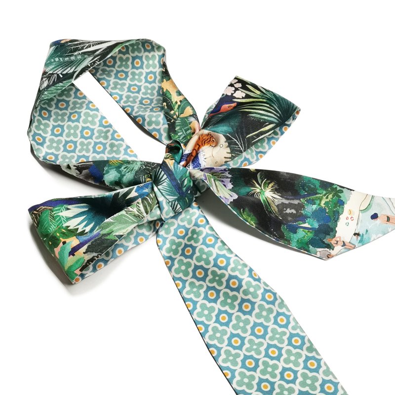 100%桑蚕丝真丝窄领巾/丝巾/飘带/包柄带/发带::度假印花 - 丝巾 - 丝．绢 绿色