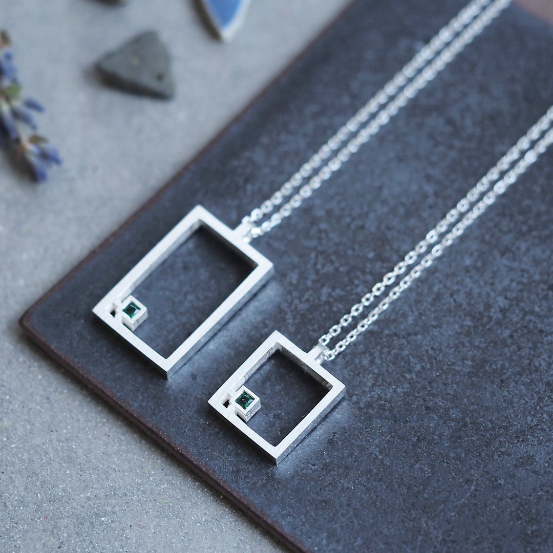 2 pieces set) Emerald Square Frame Pair Necklace Silver 925 - 项链 - 其他金属 绿色