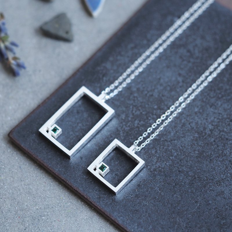 2 pieces set) Emerald Square Frame Pair Necklace Silver 925 - 项链 - 其他金属 绿色