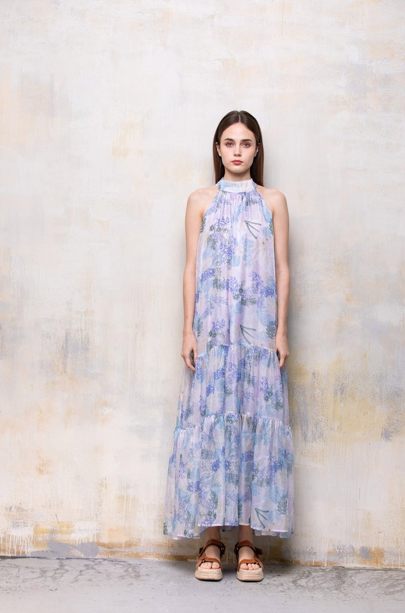薰衣草紫海洋印花蝴蝶结挂脖蛋糕无袖长款连衣裙 - 洋装/连衣裙 - 其他材质 紫色
