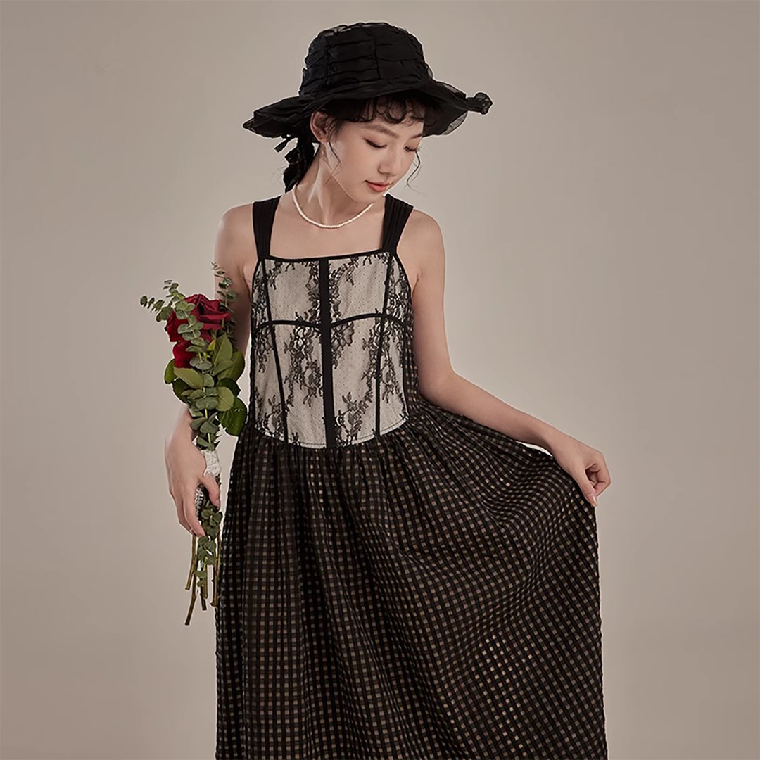 法式格子 高腰无袖洋裝 背心裙 - 洋装/连衣裙 - 棉．麻 黑色