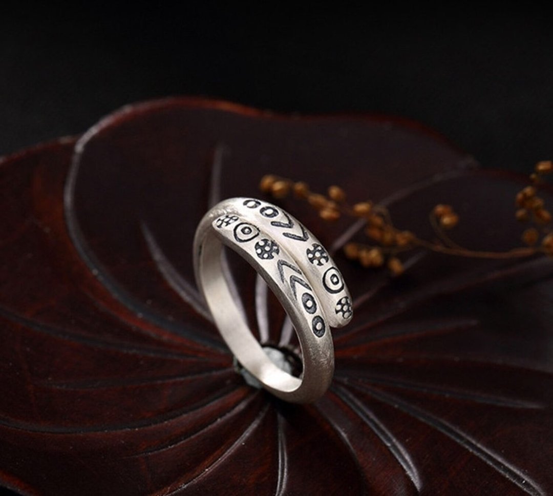 S 990 Fine Silver Fine Jewelry for Women Vintage Indiana Style Totem Patterns - 戒指 - 纯银 银色