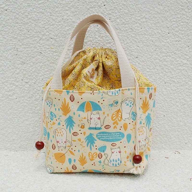 猫咪撑伞束口提袋/餐袋 - 手提包/手提袋 - 棉．麻 黄色